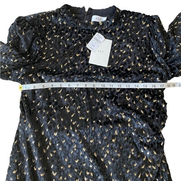 A.L.C. New Jane Velvet Long Sleeve Black Metallic Gold Mini Dress Size 14 - Picture 9 of 13